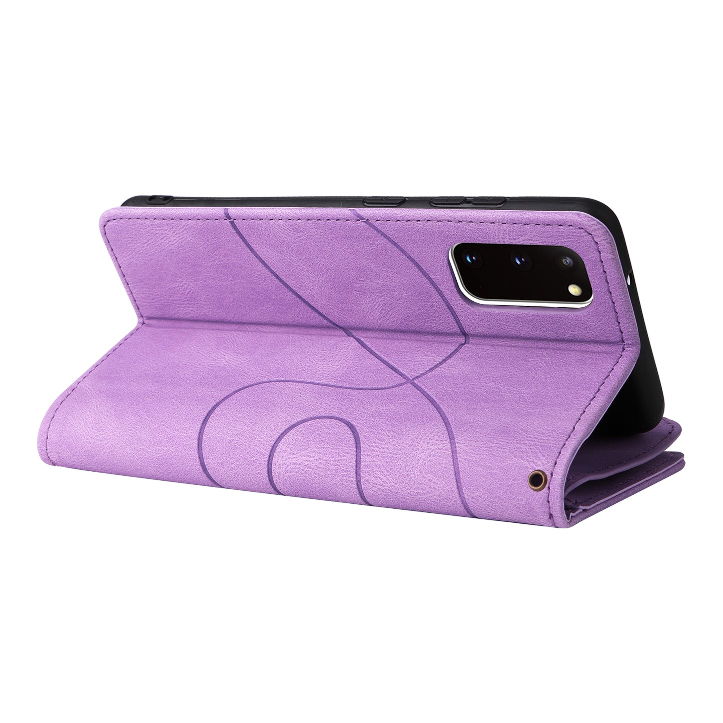 KT Multi-function Series-5 For Samsung Galaxy S20 4G/5G Wallet Phone Covering Imprinted Curved Line Pattern Bi-color PU Leather Coated TPU Phone Shell Case - Light Purple