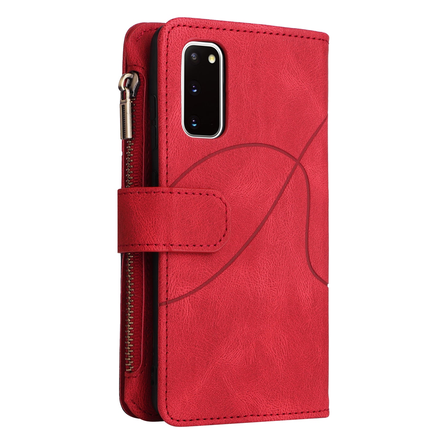 KT Multi-function Series-5 For Samsung Galaxy S20 4G/5G Wallet Phone Covering Imprinted Curved Line Pattern Bi-color PU Leather Coated TPU Phone Shell Case - Red