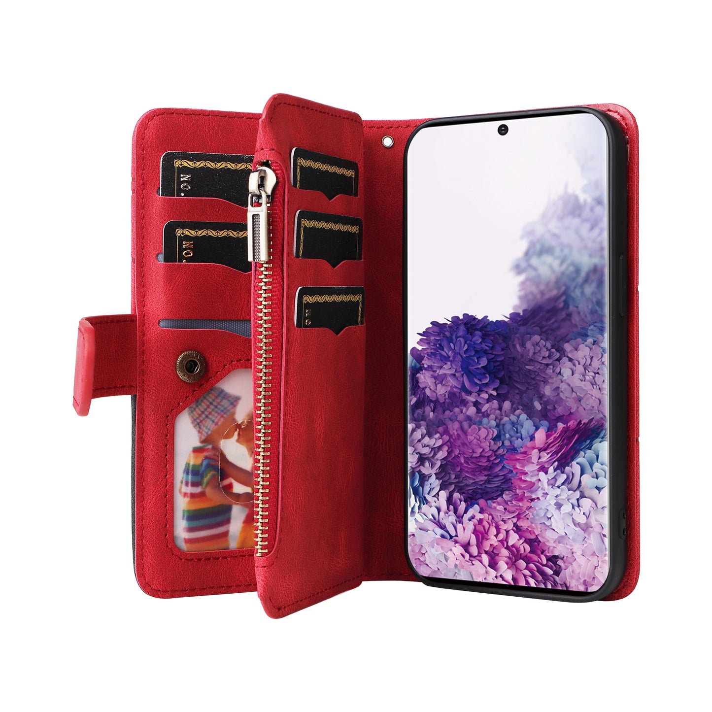 KT Multi-function Series-5 For Samsung Galaxy S20 4G/5G Wallet Phone Covering Imprinted Curved Line Pattern Bi-color PU Leather Coated TPU Phone Shell Case - Red