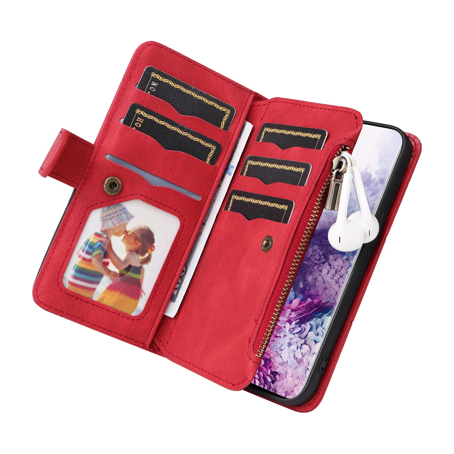 KT Multi-function Series-5 For Samsung Galaxy S20 4G/5G Wallet Phone Covering Imprinted Curved Line Pattern Bi-color PU Leather Coated TPU Phone Shell Case - Red