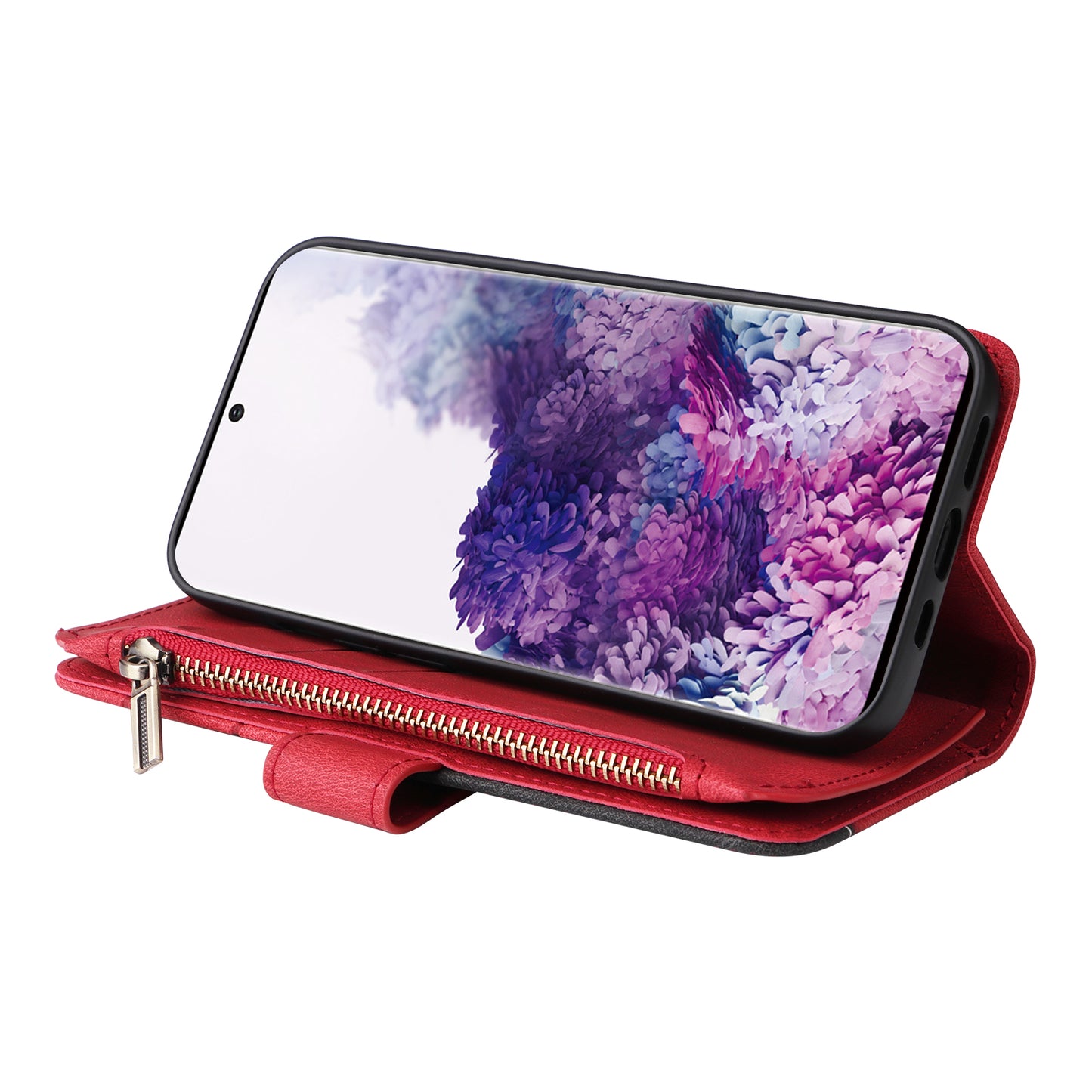 KT Multi-function Series-5 For Samsung Galaxy S20 4G/5G Wallet Phone Covering Imprinted Curved Line Pattern Bi-color PU Leather Coated TPU Phone Shell Case - Red