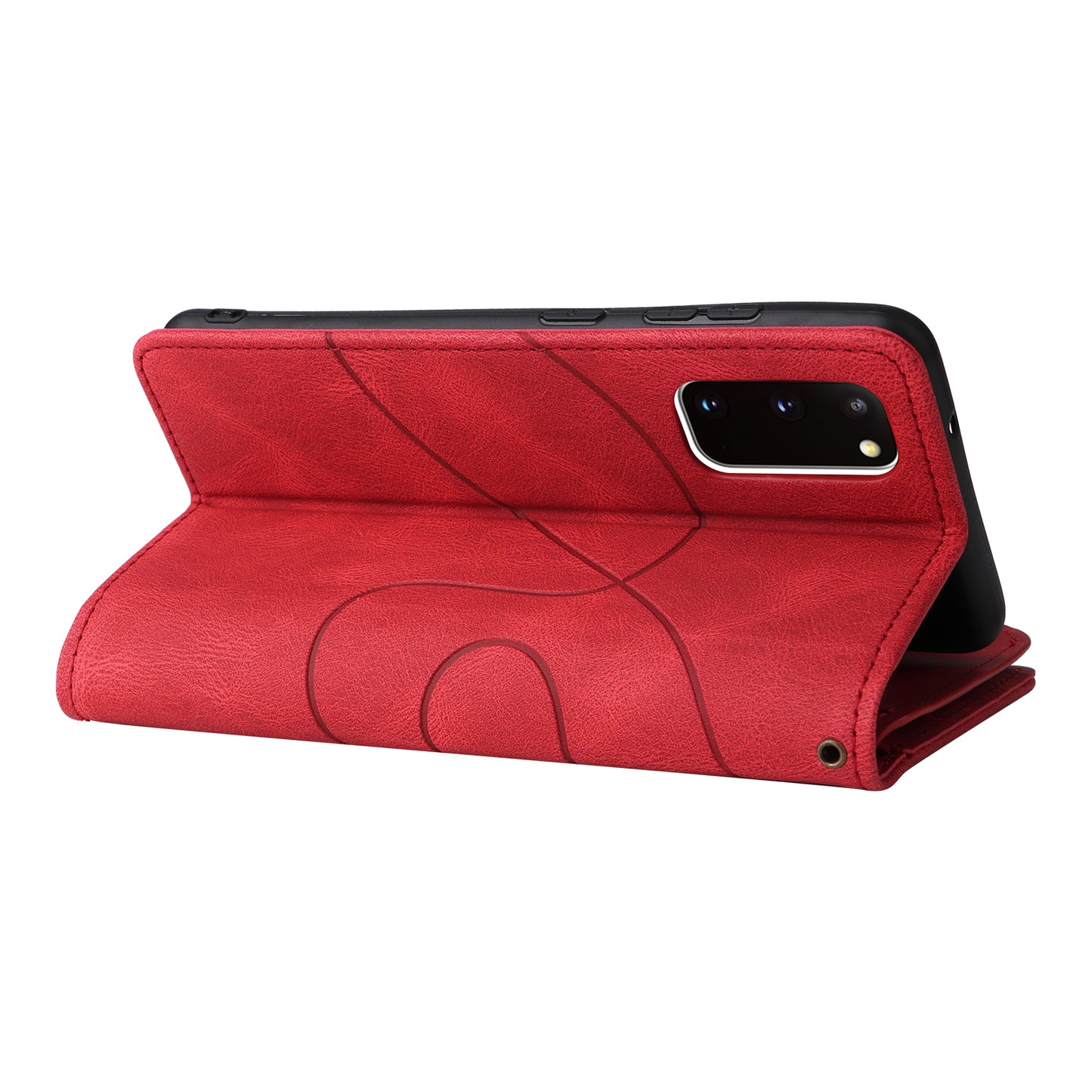 KT Multi-function Series-5 For Samsung Galaxy S20 4G/5G Wallet Phone Covering Imprinted Curved Line Pattern Bi-color PU Leather Coated TPU Phone Shell Case - Red