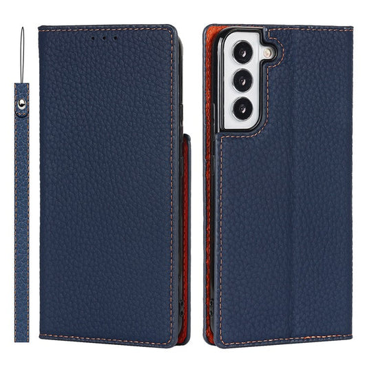 For Samsung Galaxy S22+ 5G Shockproof Genuine Leather Case Litchi Texture Wallet Stand Phone Shell with Hand Strap - Dark Blue