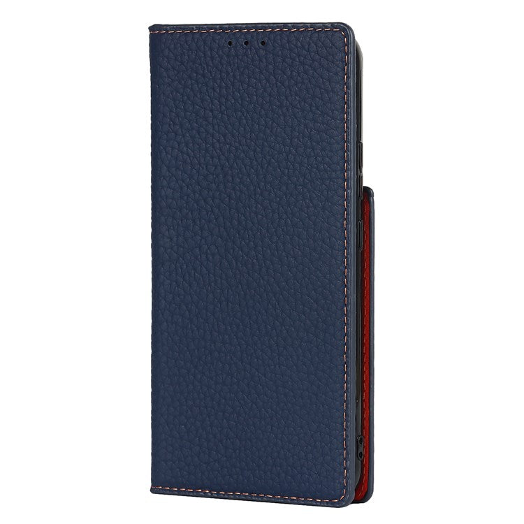 For Samsung Galaxy S22+ 5G Shockproof Genuine Leather Case Litchi Texture Wallet Stand Phone Shell with Hand Strap - Dark Blue