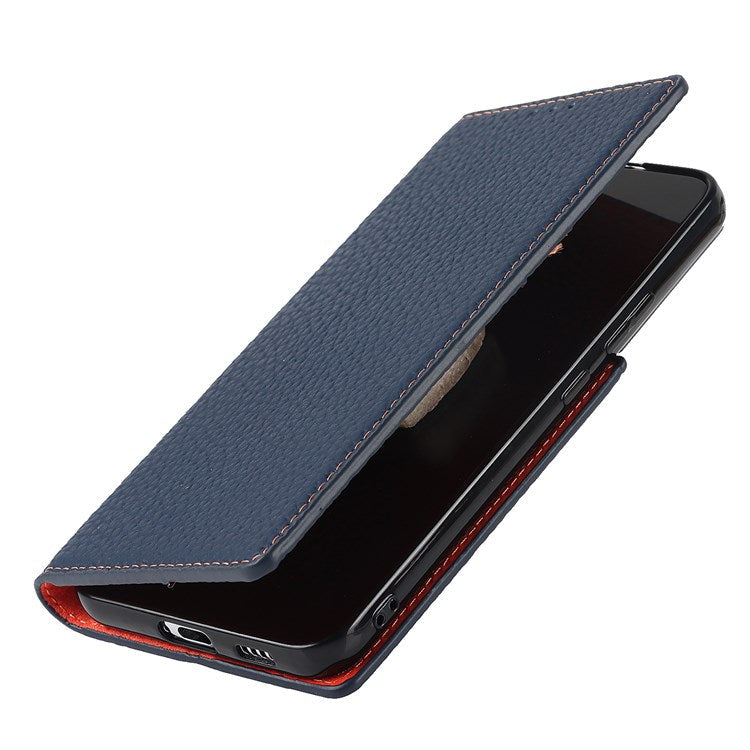 For Samsung Galaxy S22+ 5G Shockproof Genuine Leather Case Litchi Texture Wallet Stand Phone Shell with Hand Strap - Dark Blue