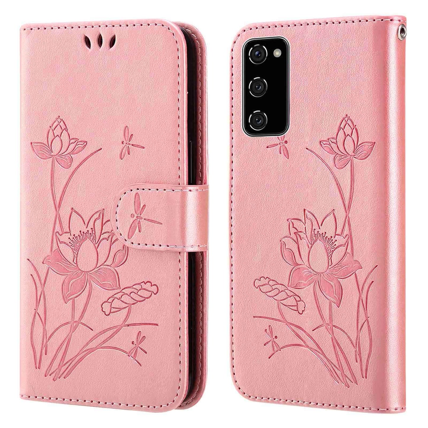 For Samsung Galaxy S20 FE 2022/S20 FE 4G/5G/S20 Lite Dual-layer Protection TPU+PU Leather Imprinted Lotus Pattern Case Anti-scratch Wallet Stand Shell - Pink