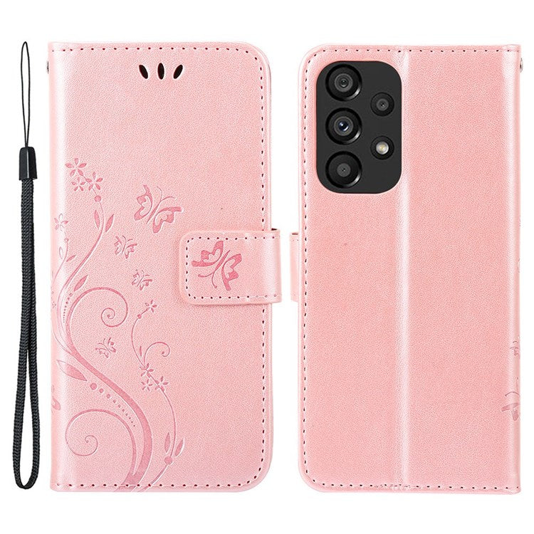 For Samsung Galaxy A53 5G PU Leather Stand Design Phone Case Imprint Butterflies Wallet Shockproof Cover - Rose Gold