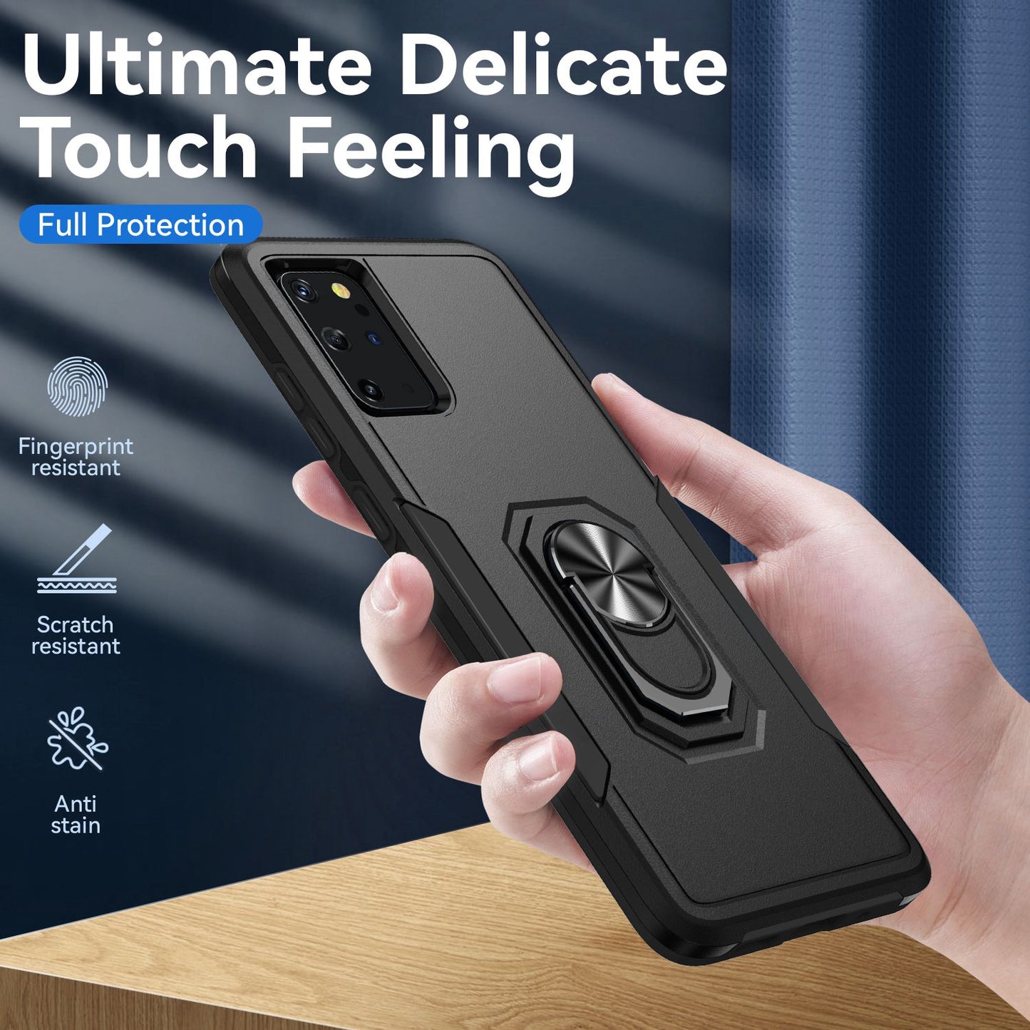Defender Series Cellphone Case for Samsung Galaxy S20 Plus 4G/5G, Anti-stain PC + TPU Phone Cover with Rotary Ring Kickstand - Black/Black