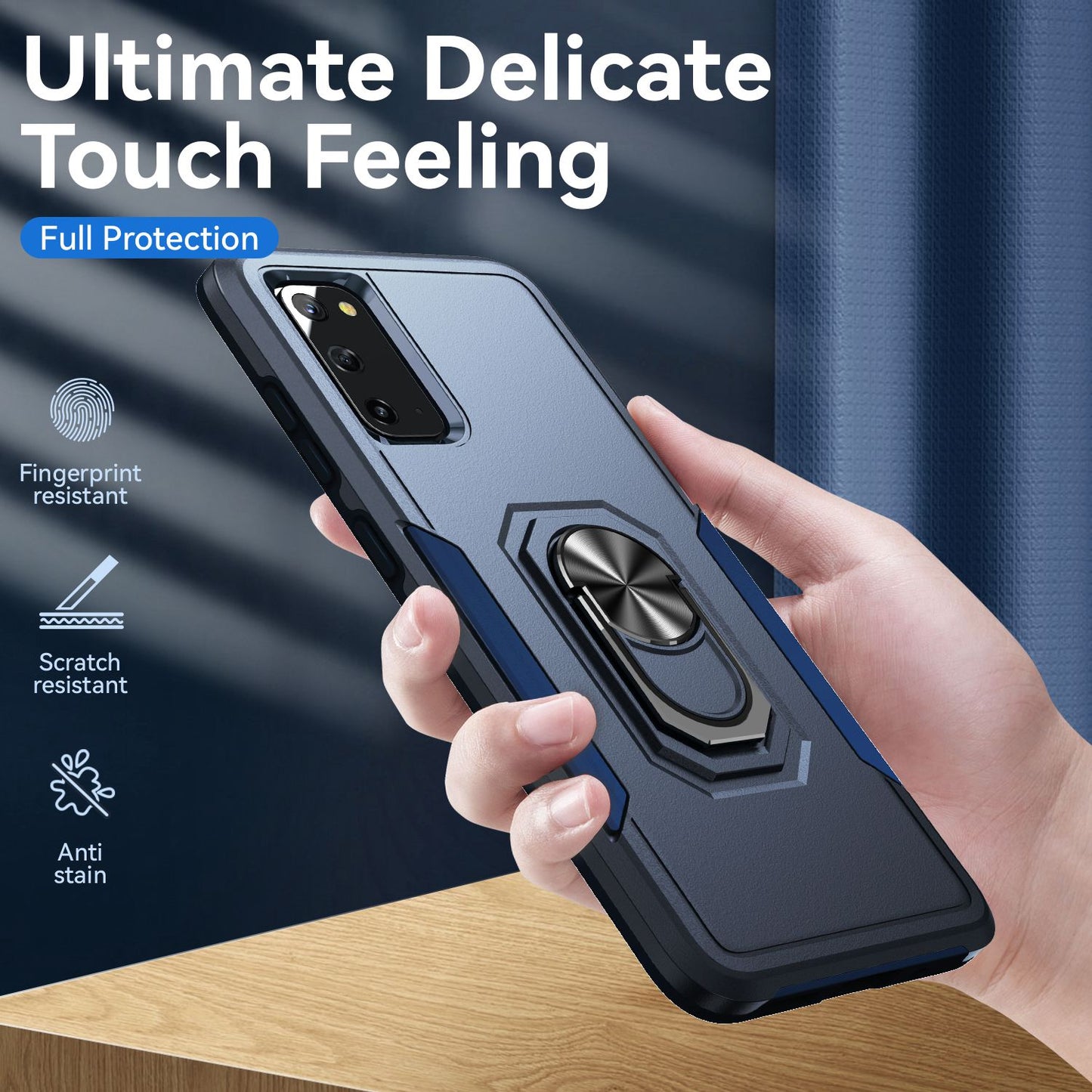 Defender Series Cellphone Case for Samsung Galaxy S20 4G/5G, Collision Resistant PC + TPU Combo Phone Cover with Rotary Ring Kickstand - Blue/Blue