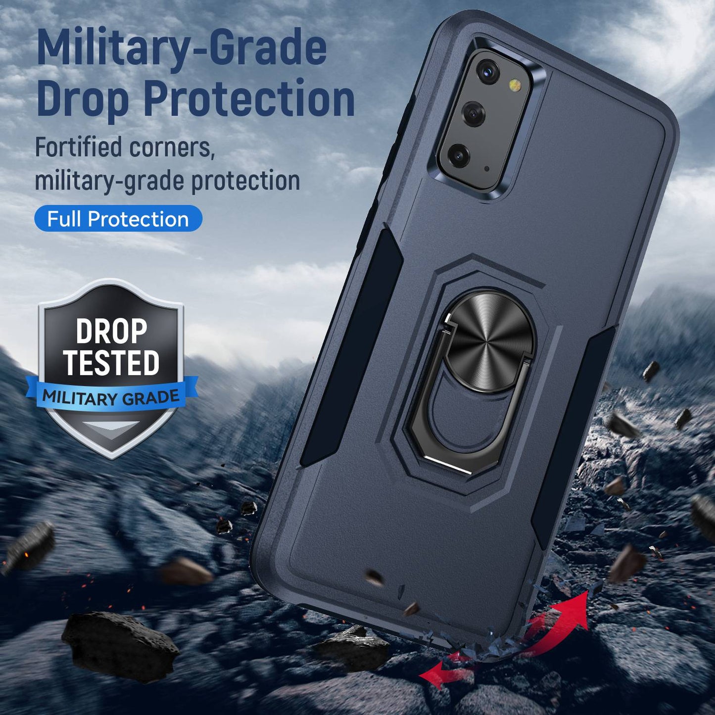 Defender Series Cellphone Case for Samsung Galaxy S20 4G/5G, Collision Resistant PC + TPU Combo Phone Cover with Rotary Ring Kickstand - Blue/Blue