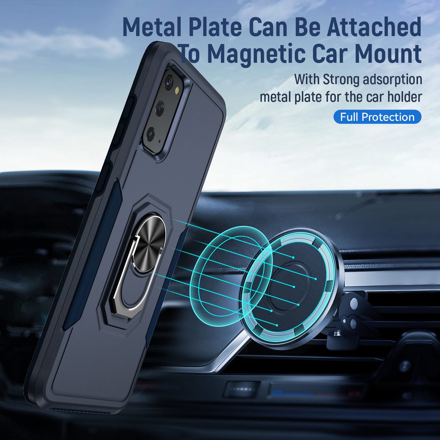 Defender Series Cellphone Case for Samsung Galaxy S20 4G/5G, Collision Resistant PC + TPU Combo Phone Cover with Rotary Ring Kickstand - Blue/Blue