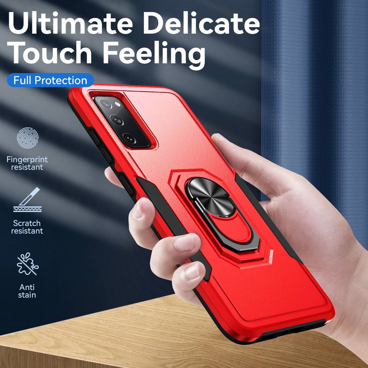 For Samsung Galaxy S20 FE 2022/S20 FE 4G/FE 5G/S20 Lite Defender Series Fingerprint Free PC + TPU Phone Cover Rotary Ring Kickstand Cellphone Case - Red/Black