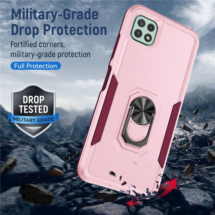 For Samsung Galaxy A22 5G (EU Version) Defender Series PC + TPU Fall Protection Phone Cover Rotary Ring Kickstand Cellphone Case - Pink/Rose