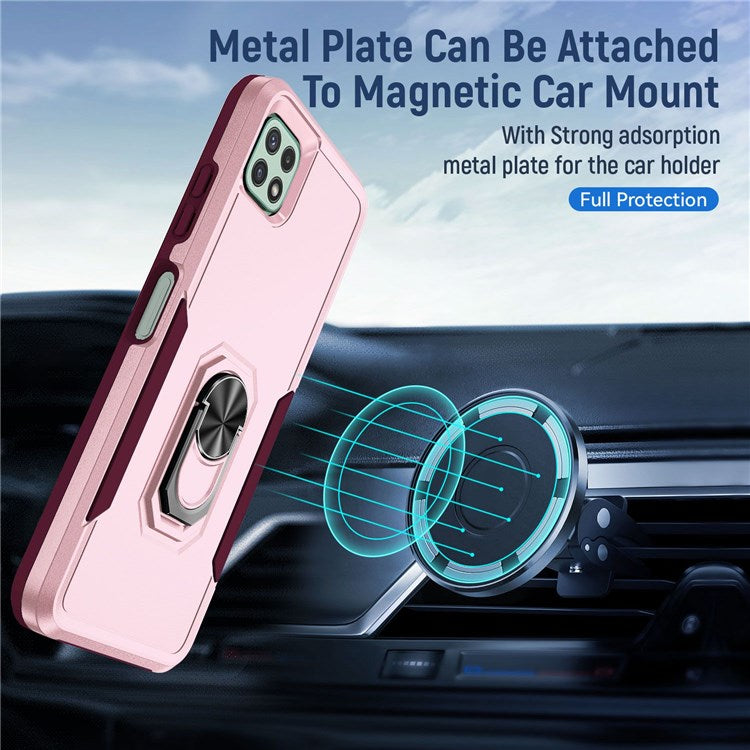 For Samsung Galaxy A22 5G (EU Version) Defender Series PC + TPU Fall Protection Phone Cover Rotary Ring Kickstand Cellphone Case - Pink/Rose