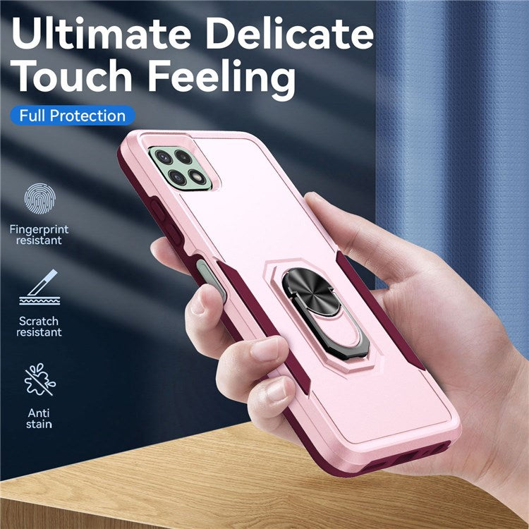 For Samsung Galaxy A22 5G (EU Version) Defender Series PC + TPU Fall Protection Phone Cover Rotary Ring Kickstand Cellphone Case - Pink/Rose