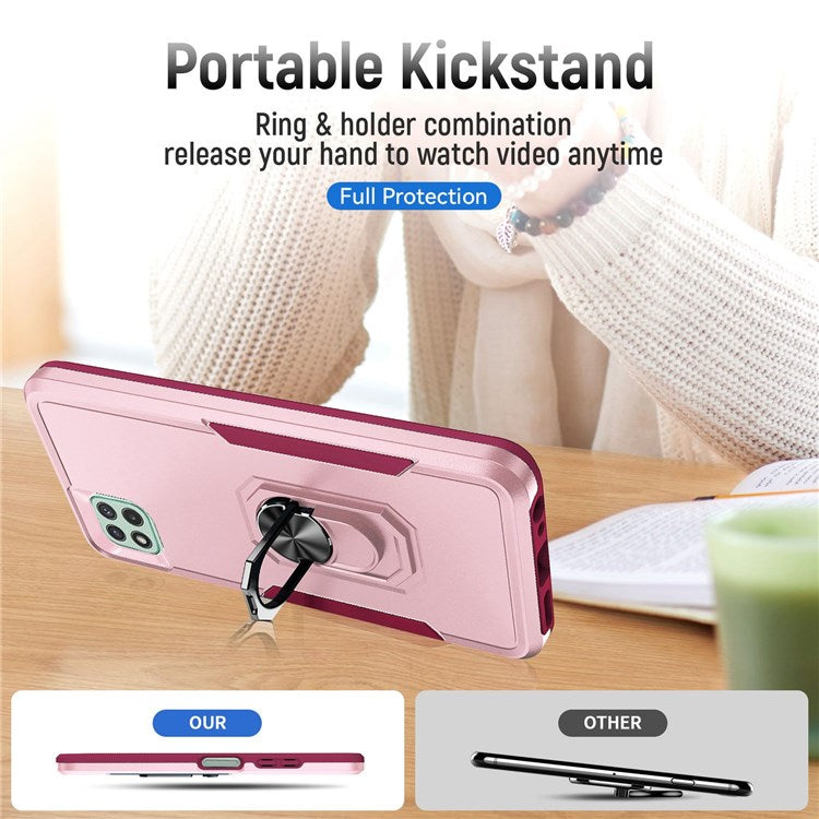 For Samsung Galaxy A22 5G (EU Version) Defender Series PC + TPU Fall Protection Phone Cover Rotary Ring Kickstand Cellphone Case - Pink/Rose