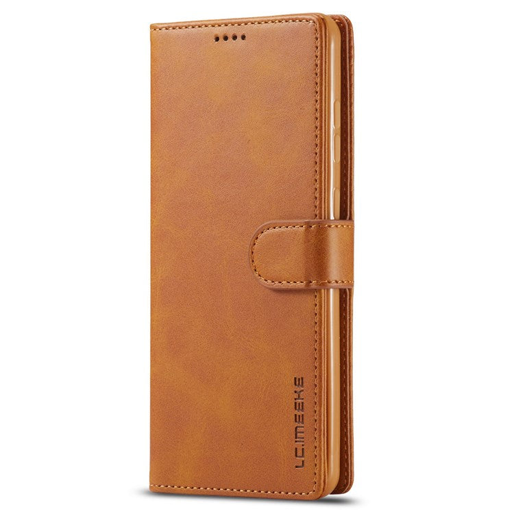 LC.IMEEKE for Samsung Galaxy A73 5G Textured PU Leather Wallet Flip Cover Magnetic Closure Stand Folio Phone Case - Brown