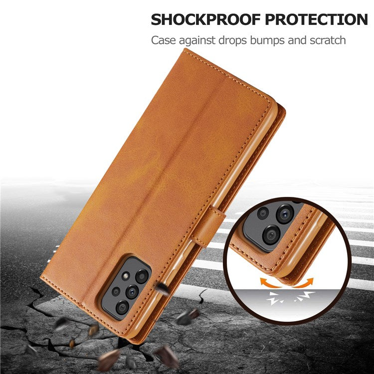 LC.IMEEKE for Samsung Galaxy A73 5G Textured PU Leather Wallet Flip Cover Magnetic Closure Stand Folio Phone Case - Brown
