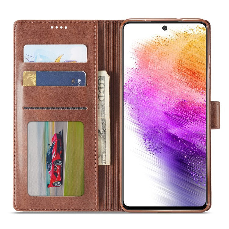 LC.IMEEKE for Samsung Galaxy A73 5G Textured PU Leather Wallet Flip Cover Magnetic Closure Stand Folio Phone Case - Brown