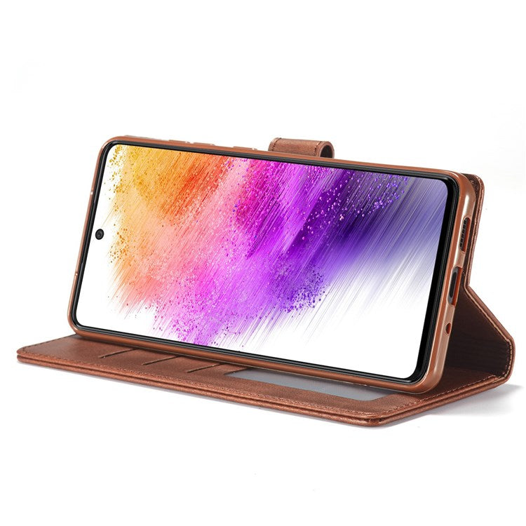 LC.IMEEKE for Samsung Galaxy A73 5G Textured PU Leather Wallet Flip Cover Magnetic Closure Stand Folio Phone Case - Brown