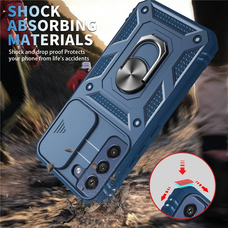 For Samsung Galaxy S22 5G Case Ring Kickstand Anti-Scratch Hard PC + TPU Bumper Shockproof Protective Cover with Sliding Camera Lens Protector  - Sapphire/Sapphire