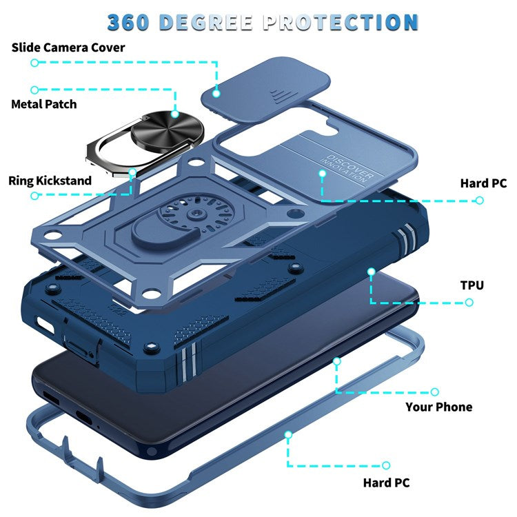 For Samsung Galaxy S22 5G Case Ring Kickstand Anti-Scratch Hard PC + TPU Bumper Shockproof Protective Cover with Sliding Camera Lens Protector  - Sapphire/Sapphire