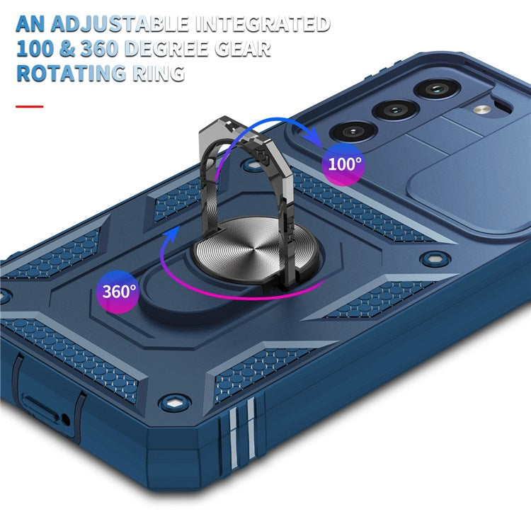 For Samsung Galaxy S22 5G Case Ring Kickstand Anti-Scratch Hard PC + TPU Bumper Shockproof Protective Cover with Sliding Camera Lens Protector  - Sapphire/Sapphire