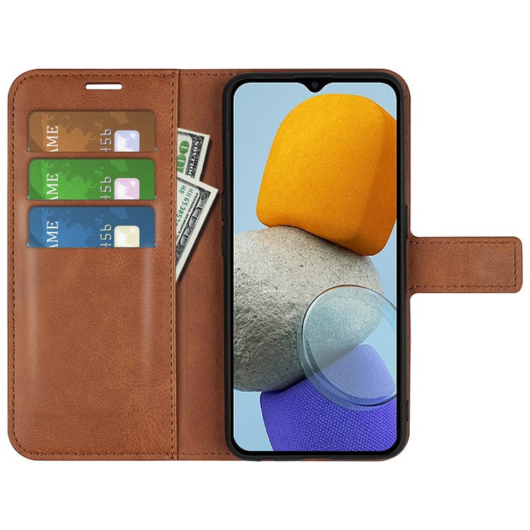 For Samsung Galaxy M23 5G/F23 5G Anti-slip Textured PU Leather Cover Stand Feature Magnetic Closure Shockproof Flip Wallet Case - Light Brown