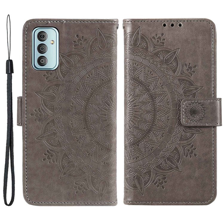 For Samsung Galaxy F23 PU Leather Shockproof Phone Flip Cover, Wallet Stand Design Imprinted Mandala Flower Phone Case - Grey