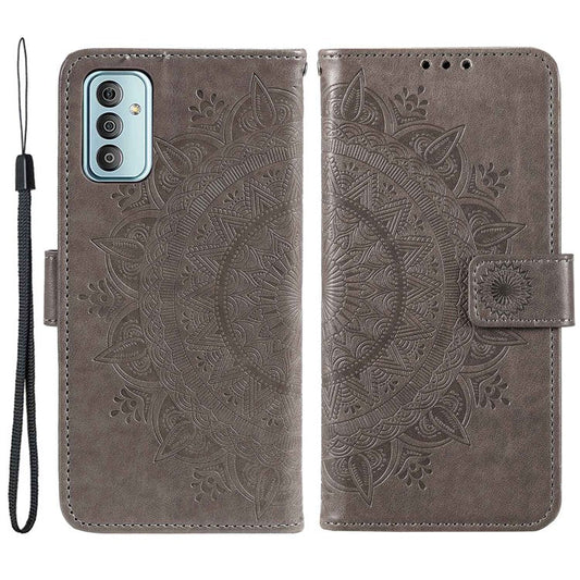 For Samsung Galaxy F23 PU Leather Shockproof Phone Flip Cover, Wallet Stand Design Imprinted Mandala Flower Phone Case - Grey