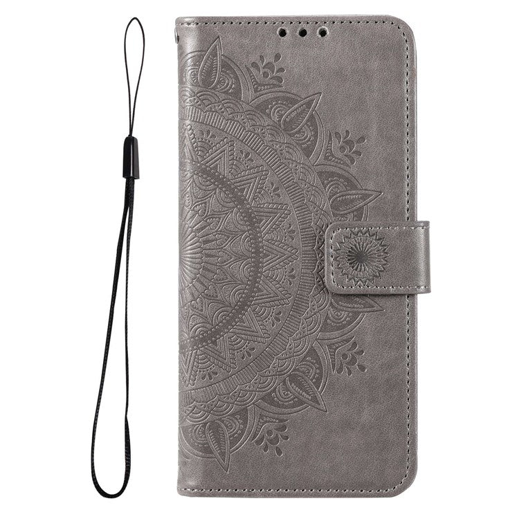 For Samsung Galaxy F23 PU Leather Shockproof Phone Flip Cover, Wallet Stand Design Imprinted Mandala Flower Phone Case - Grey