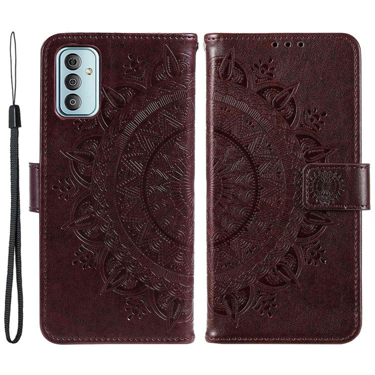 For Samsung Galaxy F23 PU Leather Shockproof Phone Flip Cover, Wallet Stand Design Imprinted Mandala Flower Phone Case - Brown