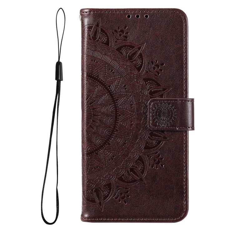 For Samsung Galaxy F23 PU Leather Shockproof Phone Flip Cover, Wallet Stand Design Imprinted Mandala Flower Phone Case - Brown