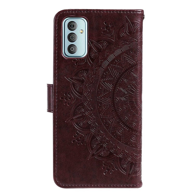 For Samsung Galaxy F23 PU Leather Shockproof Phone Flip Cover, Wallet Stand Design Imprinted Mandala Flower Phone Case - Brown