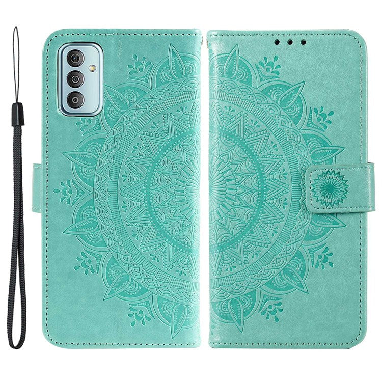 For Samsung Galaxy F23 PU Leather Shockproof Phone Flip Cover, Wallet Stand Design Imprinted Mandala Flower Phone Case - Green