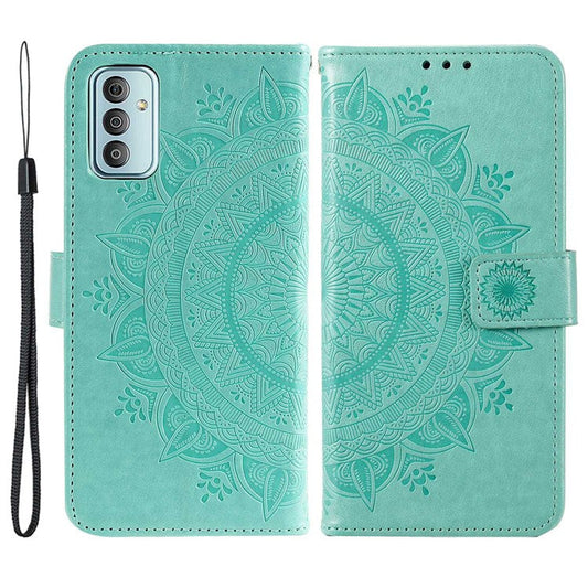 For Samsung Galaxy F23 PU Leather Shockproof Phone Flip Cover, Wallet Stand Design Imprinted Mandala Flower Phone Case - Green