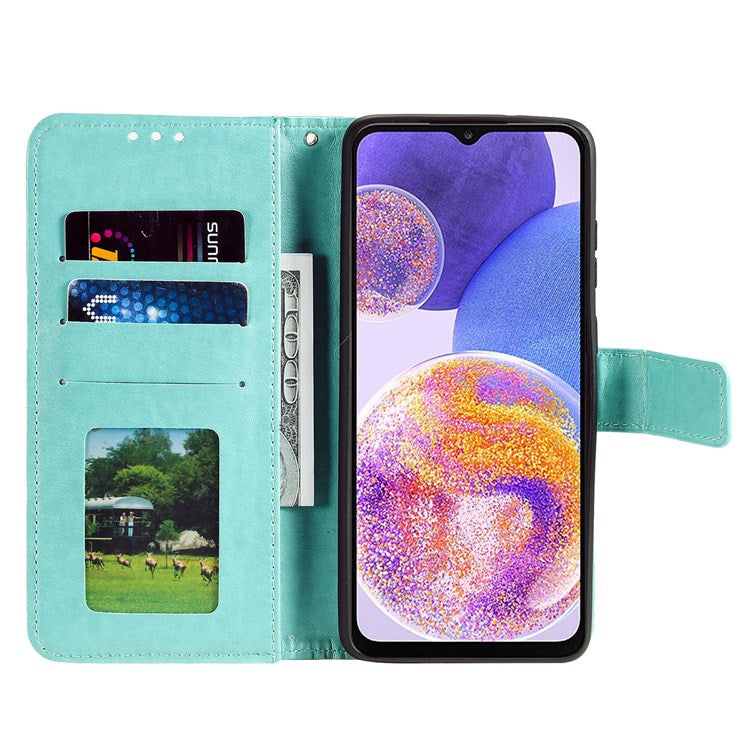For Samsung Galaxy F23 PU Leather Shockproof Phone Flip Cover, Wallet Stand Design Imprinted Mandala Flower Phone Case - Green