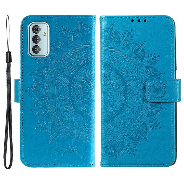 For Samsung Galaxy F23 PU Leather Shockproof Phone Flip Cover, Wallet Stand Design Imprinted Mandala Flower Phone Case - Blue
