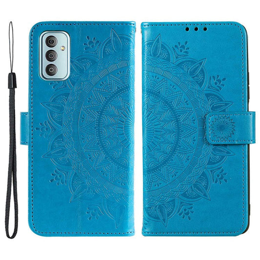 For Samsung Galaxy F23 PU Leather Shockproof Phone Flip Cover, Wallet Stand Design Imprinted Mandala Flower Phone Case - Blue