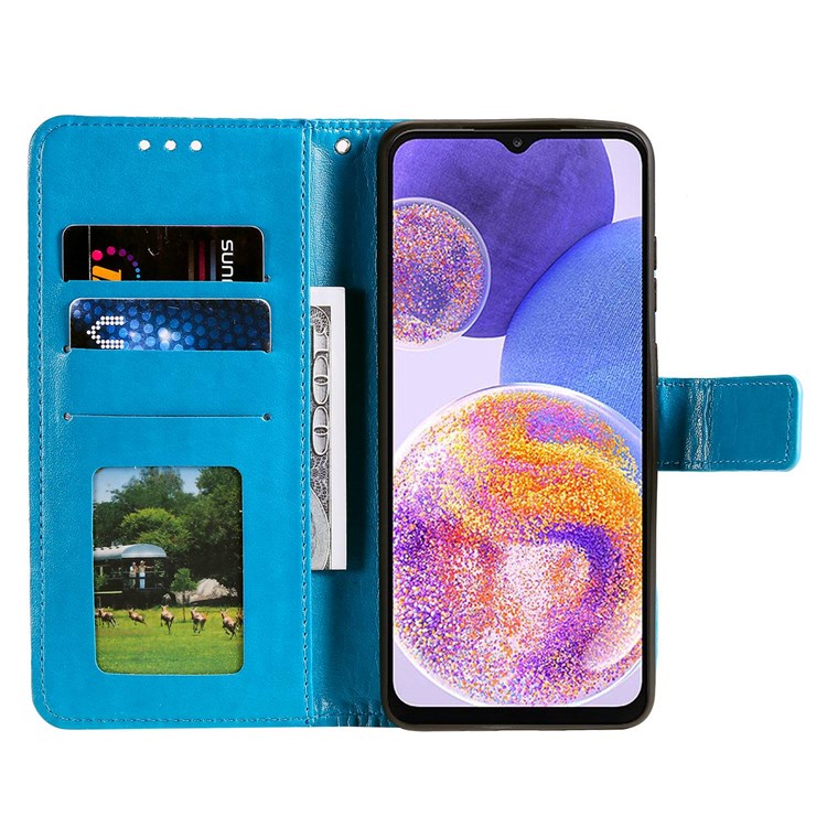 For Samsung Galaxy F23 PU Leather Shockproof Phone Flip Cover, Wallet Stand Design Imprinted Mandala Flower Phone Case - Blue