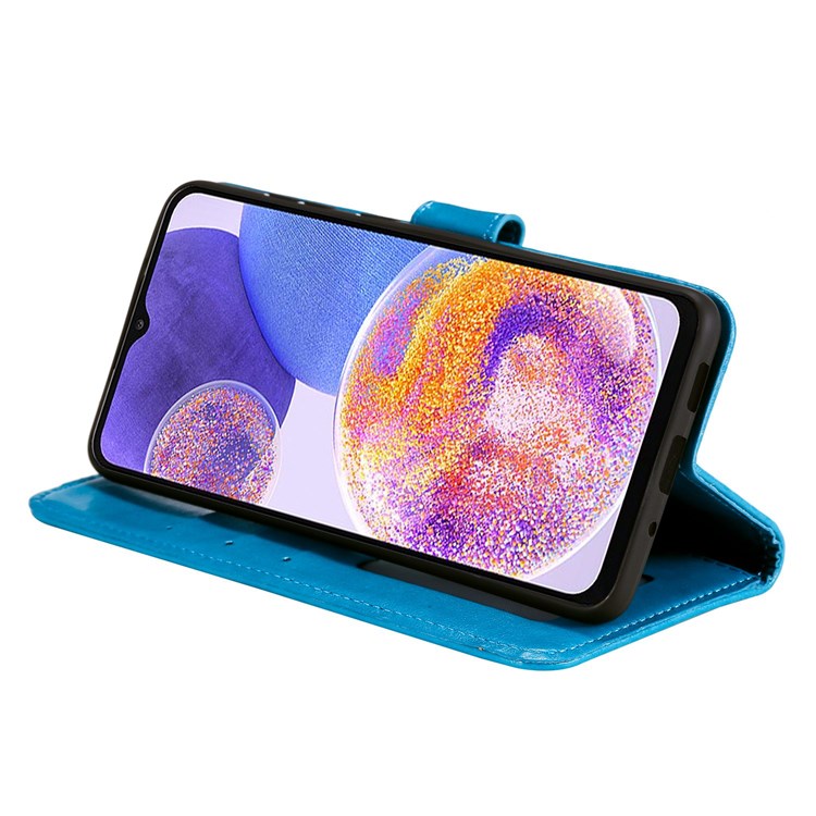 For Samsung Galaxy F23 PU Leather Shockproof Phone Flip Cover, Wallet Stand Design Imprinted Mandala Flower Phone Case - Blue