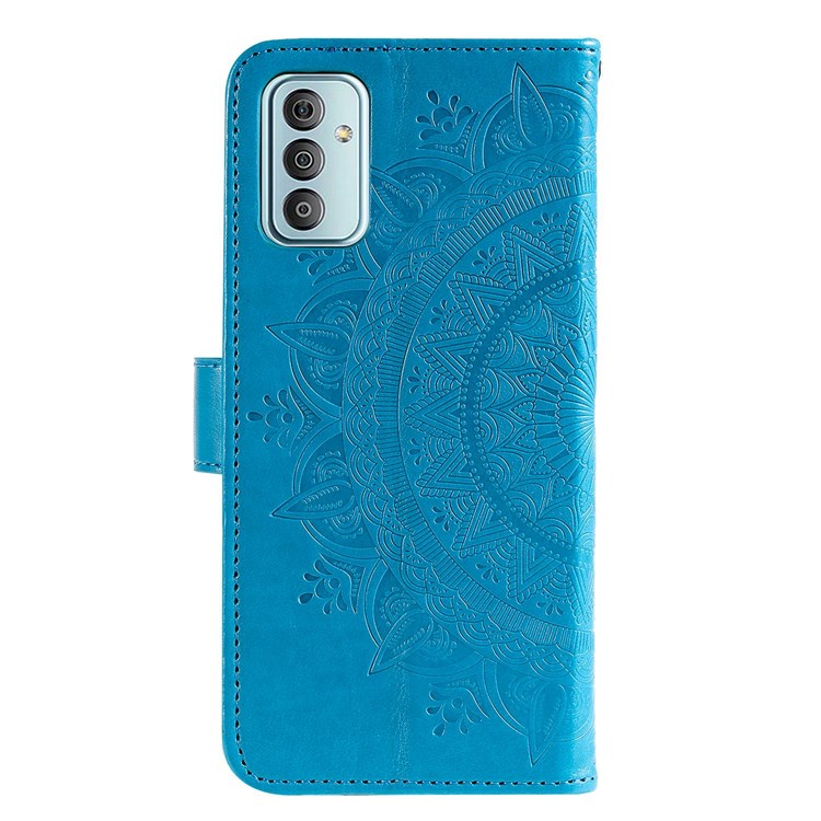 For Samsung Galaxy F23 PU Leather Shockproof Phone Flip Cover, Wallet Stand Design Imprinted Mandala Flower Phone Case - Blue