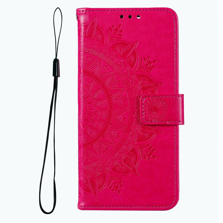 For Samsung Galaxy F23 PU Leather Shockproof Phone Flip Cover, Wallet Stand Design Imprinted Mandala Flower Phone Case - Rose