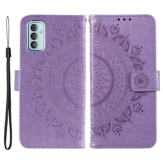 For Samsung Galaxy F23 PU Leather Shockproof Phone Flip Cover, Wallet Stand Design Imprinted Mandala Flower Phone Case - Purple