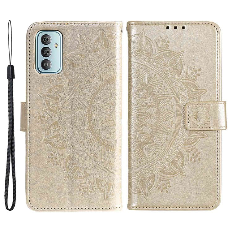 For Samsung Galaxy F23 PU Leather Shockproof Phone Flip Cover, Wallet Stand Design Imprinted Mandala Flower Phone Case - Gold
