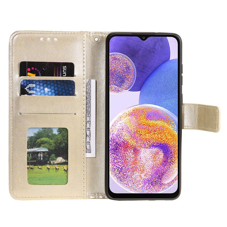 For Samsung Galaxy F23 PU Leather Shockproof Phone Flip Cover, Wallet Stand Design Imprinted Mandala Flower Phone Case - Gold