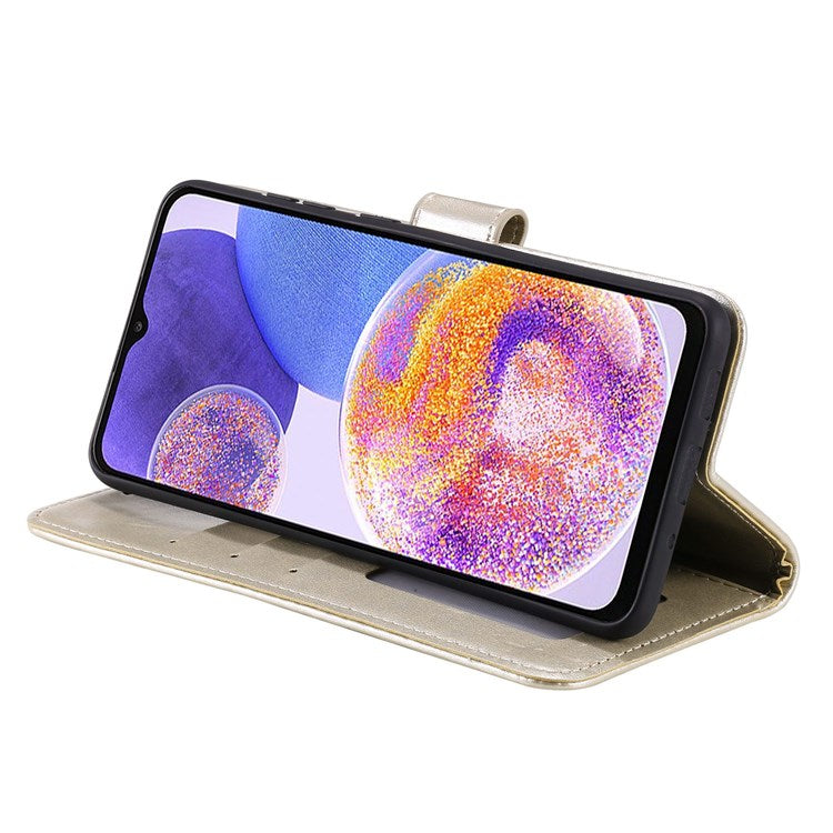 For Samsung Galaxy F23 PU Leather Shockproof Phone Flip Cover, Wallet Stand Design Imprinted Mandala Flower Phone Case - Gold