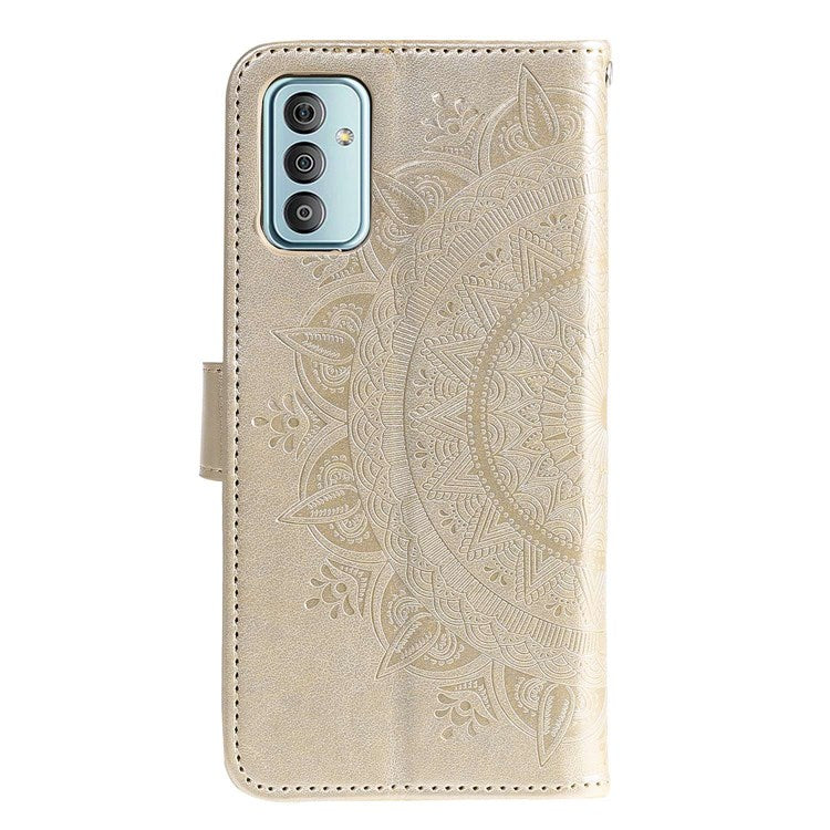 For Samsung Galaxy F23 PU Leather Shockproof Phone Flip Cover, Wallet Stand Design Imprinted Mandala Flower Phone Case - Gold