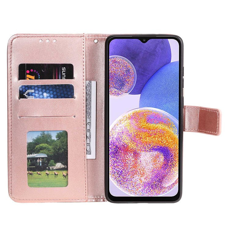 For Samsung Galaxy F23 PU Leather Shockproof Phone Flip Cover, Wallet Stand Design Imprinted Mandala Flower Phone Case - Rose Gold