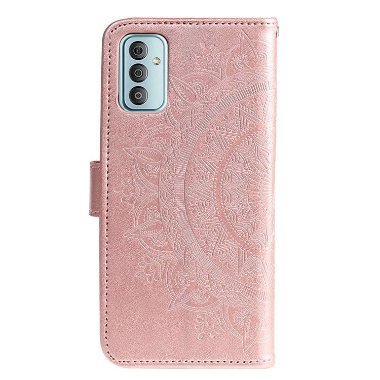 For Samsung Galaxy F23 PU Leather Shockproof Phone Flip Cover, Wallet Stand Design Imprinted Mandala Flower Phone Case - Rose Gold